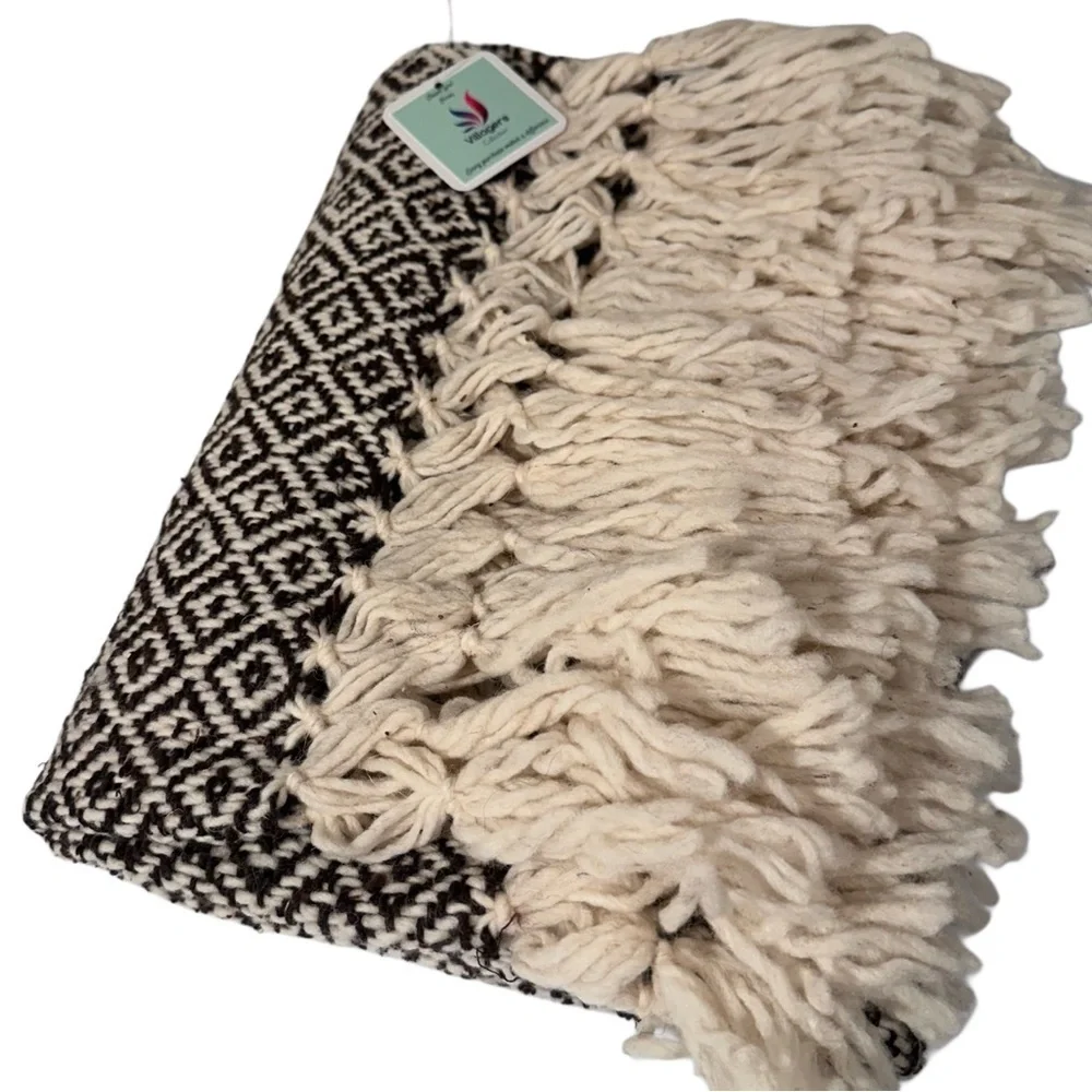 Mexican Rebozo Shawl in Brown on Cream –100% Raw Wool, Thick, Large Winter Wrap